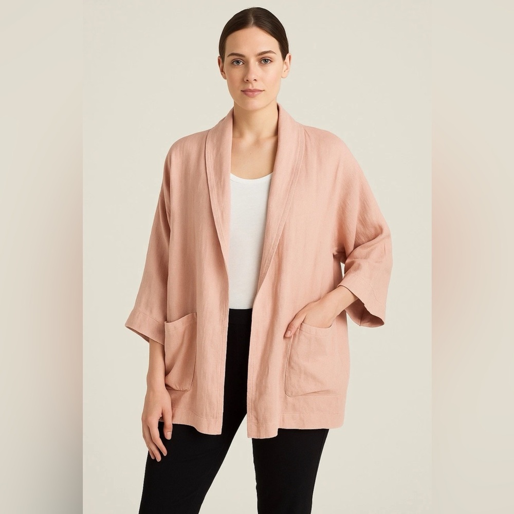 Eileen Fisher 1X Plus Size Woman Blush Linen Open Front Jacket relaxed style